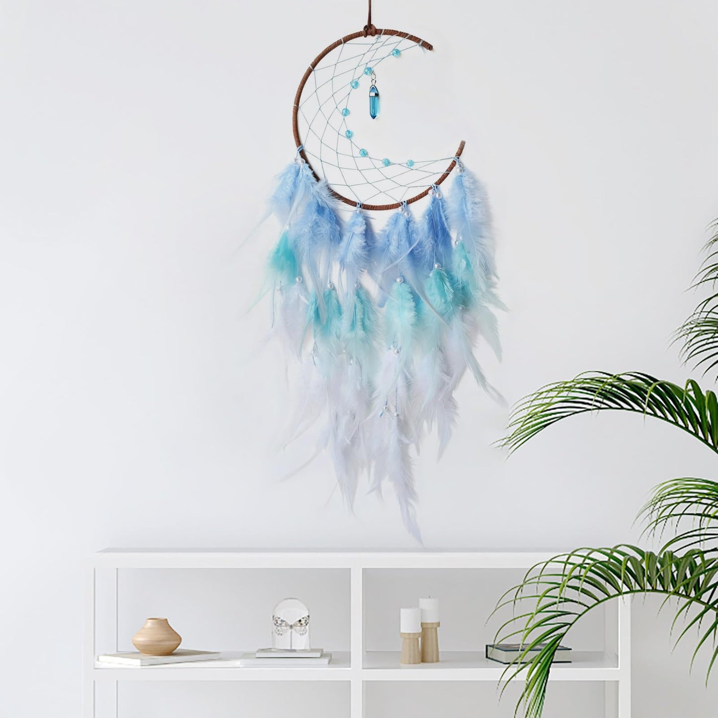 SOYUZU Blue Moon Dream Catcher Wall Decor Feather Dream Catchers with Pendant Handmade Dreamcatcher Wall Hanging Ornament for Bedroom Living Room Home Decor