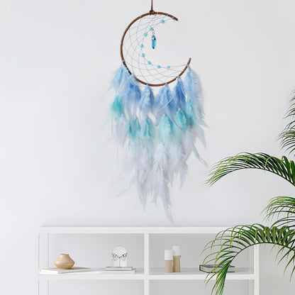 SOYUZU Blue Moon Dream Catcher Wall Decor Feather Dream Catchers with Pendant Handmade Dreamcatcher Wall Hanging Ornament for Bedroom Living Room Home Decor