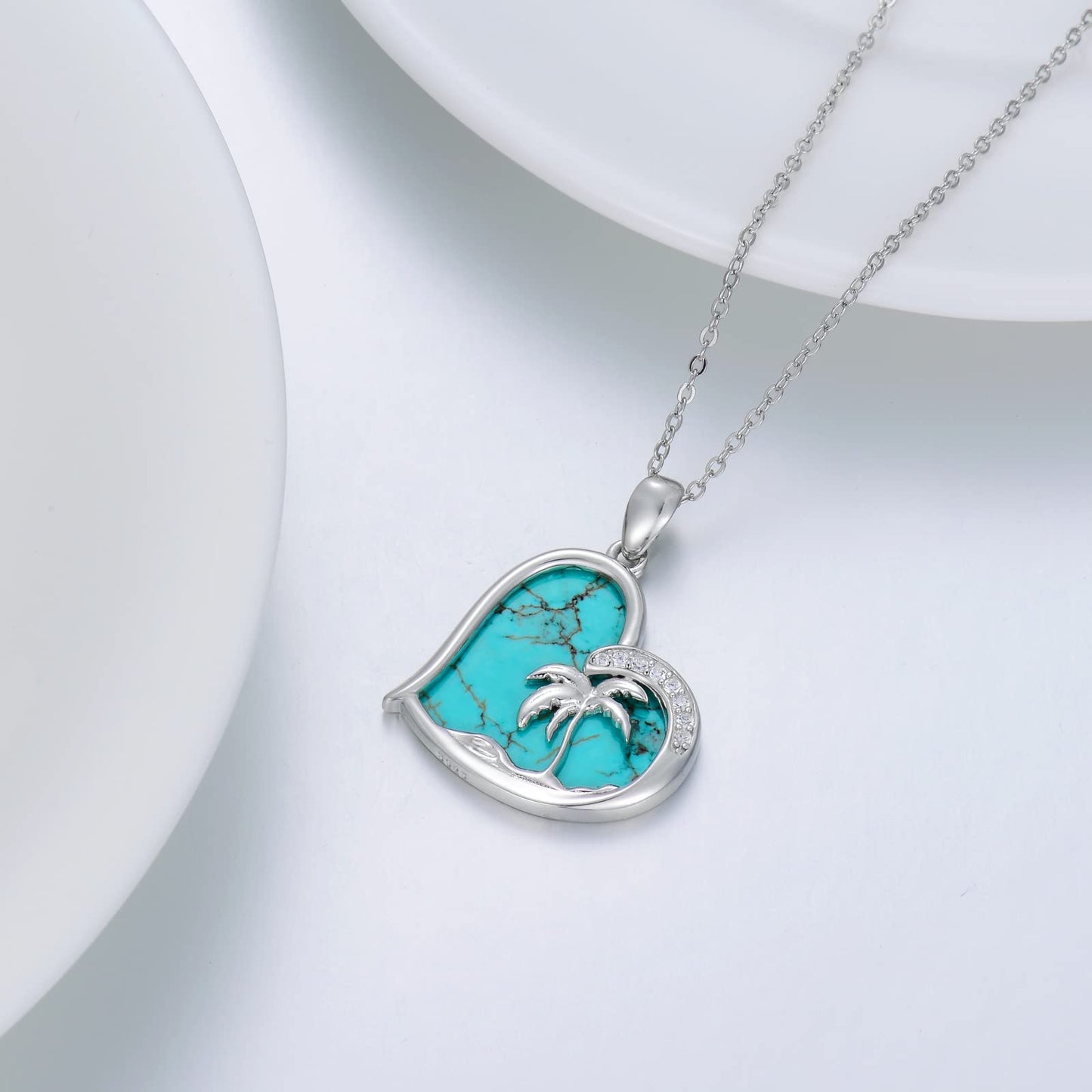 BETHZA Turquoise Palm Tree Necklace 925 Sterling Silver Natural Blue Turquoise Heart Pendant Summer Beach Necklace Genuine Gemstone Jewelry Gifts for Women