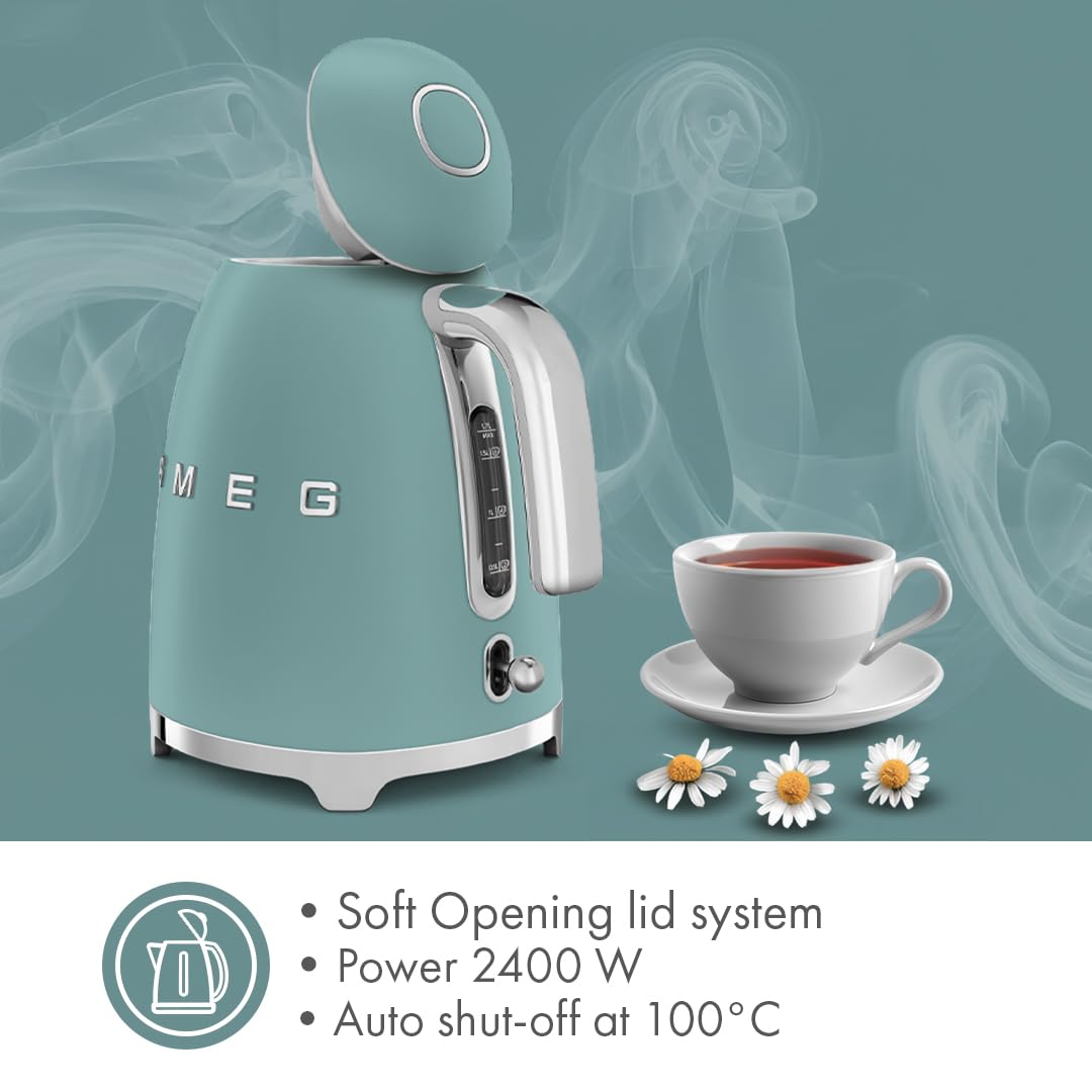 SMEG KLF03 7 Cup Electric Water Kettle, Retro-Style, Soft-Opening Lid, Auto Shut-Off, 360° Swivel Base – Jade