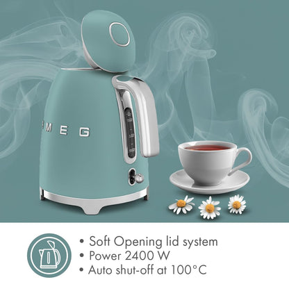 SMEG KLF03 7 Cup Electric Water Kettle, Retro-Style, Soft-Opening Lid, Auto Shut-Off, 360° Swivel Base – Jade