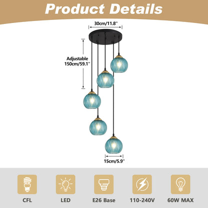 KCO Lighting Modern Blue Glass Chandelier Globe Cluster Pendant Light Black and Gold Kitchen Pendant Lighting Nordic Ribbed Glass Pendant Light Large Round Chandelier