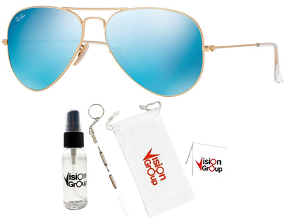 Ray-Ban RB3025 Metal Aviator Sunglasses + Vision Group Accessories Bundle (Matte Arista/Grey Mirror Blue (112/17), 55, Millimeters)