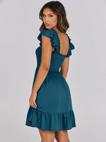 ANRABESS Women's Summer Casual Sleeveless Square Neck Dress 2026 Smocked Ruffle Backless Boho Beach Cute Teen Short Sundress Tile Blue X-Large