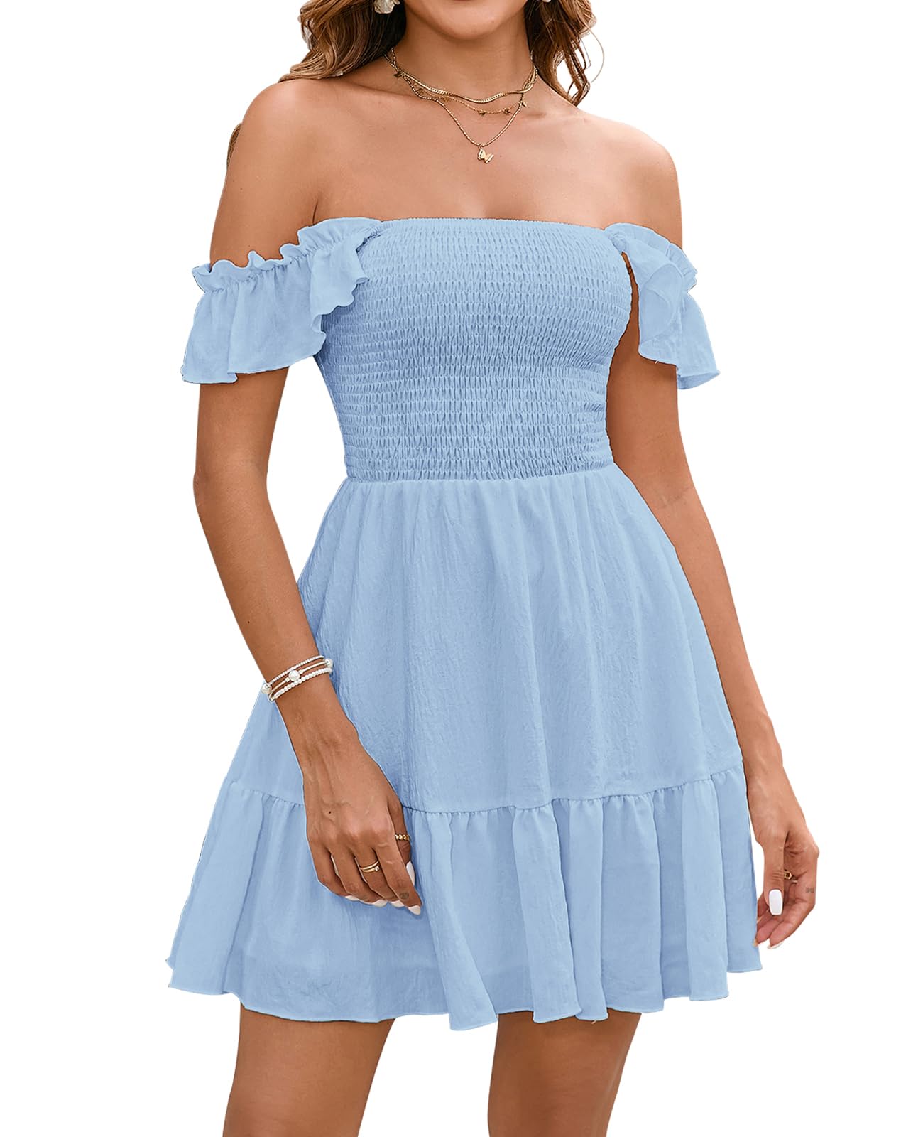 GLNEGE Women's Summer Grauation Mini Dress Casaul Flowy A-Line Ruffle Party Dresses Square Neck Smocked Trendy Sundress 2025 Blue