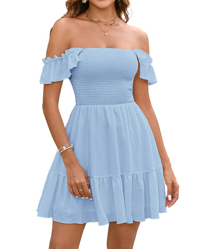 GLNEGE Women's Summer Grauation Mini Dress Casaul Flowy A-Line Ruffle Party Dresses Square Neck Smocked Trendy Sundress 2025 Blue
