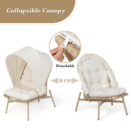 Athena Collection Patio Wicker Egg Chair with Folding Canopy, All-Weather Rattan Patio Lounge Chair with Sun Shade, Balcony Furniture Outside Seating for Front Porch, Garden, Poolside, Outdoor, Beige
