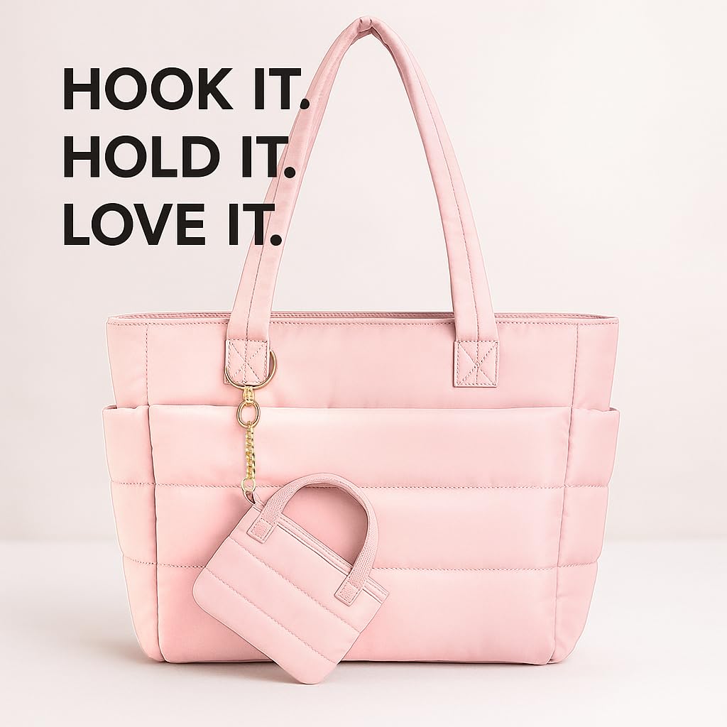 MyfavoriteK Mini Puffer Tote Bag Keychain Puffy Purse Keyring with Gold Heart Charm Cute Bag Charm Gift for Women Girls Teens Key Ring (Pink)