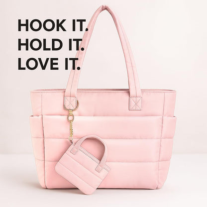 MyfavoriteK Mini Puffer Tote Bag Keychain Puffy Purse Keyring with Gold Heart Charm Cute Bag Charm Gift for Women Girls Teens Key Ring (Pink)