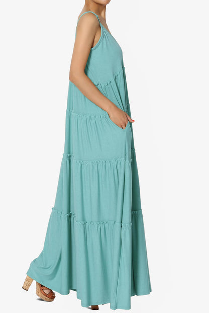 TheMogan Women's Ruffle Tiered V-Neck Cami Long Maxi Dress w Pocket Casual Summer Dusty Teal M