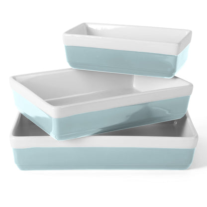 MARTHA STEWART 3-Piece Oven to Table Stoneware Bakeware Set – Baking Dish & Casserole Set – Dusty Blue – Durable Oven-Safe Bakeware for Baking and Serving