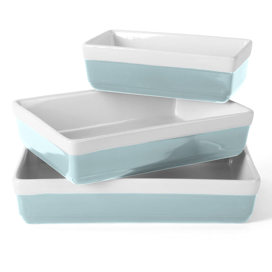 MARTHA STEWART 3-Piece Oven to Table Stoneware Bakeware Set – Baking Dish & Casserole Set – Dusty Blue – Durable Oven-Safe Bakeware for Baking and Serving