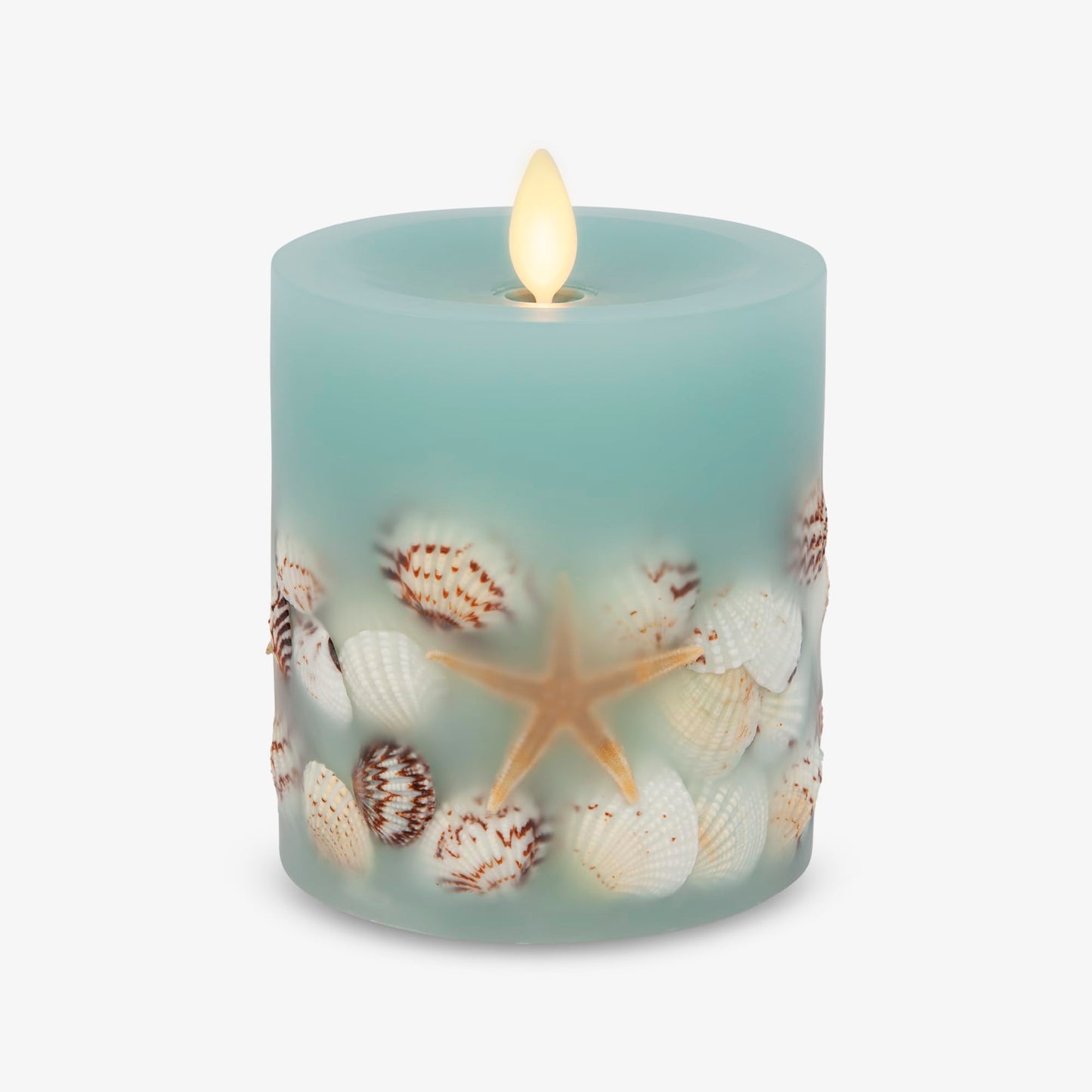 Luminara Flameless LED Candle Soft Teal Embedded Seashell & Starfish Moving Flame Pillar Unscented Real Wax with Recessed Edge, Timer (4.5-inch)
