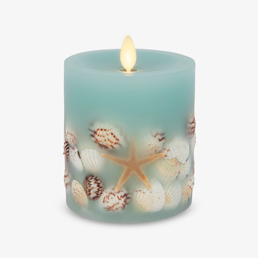 Luminara Flameless LED Candle Soft Teal Embedded Seashell & Starfish Moving Flame Pillar Unscented Real Wax with Recessed Edge, Timer (4.5-inch)