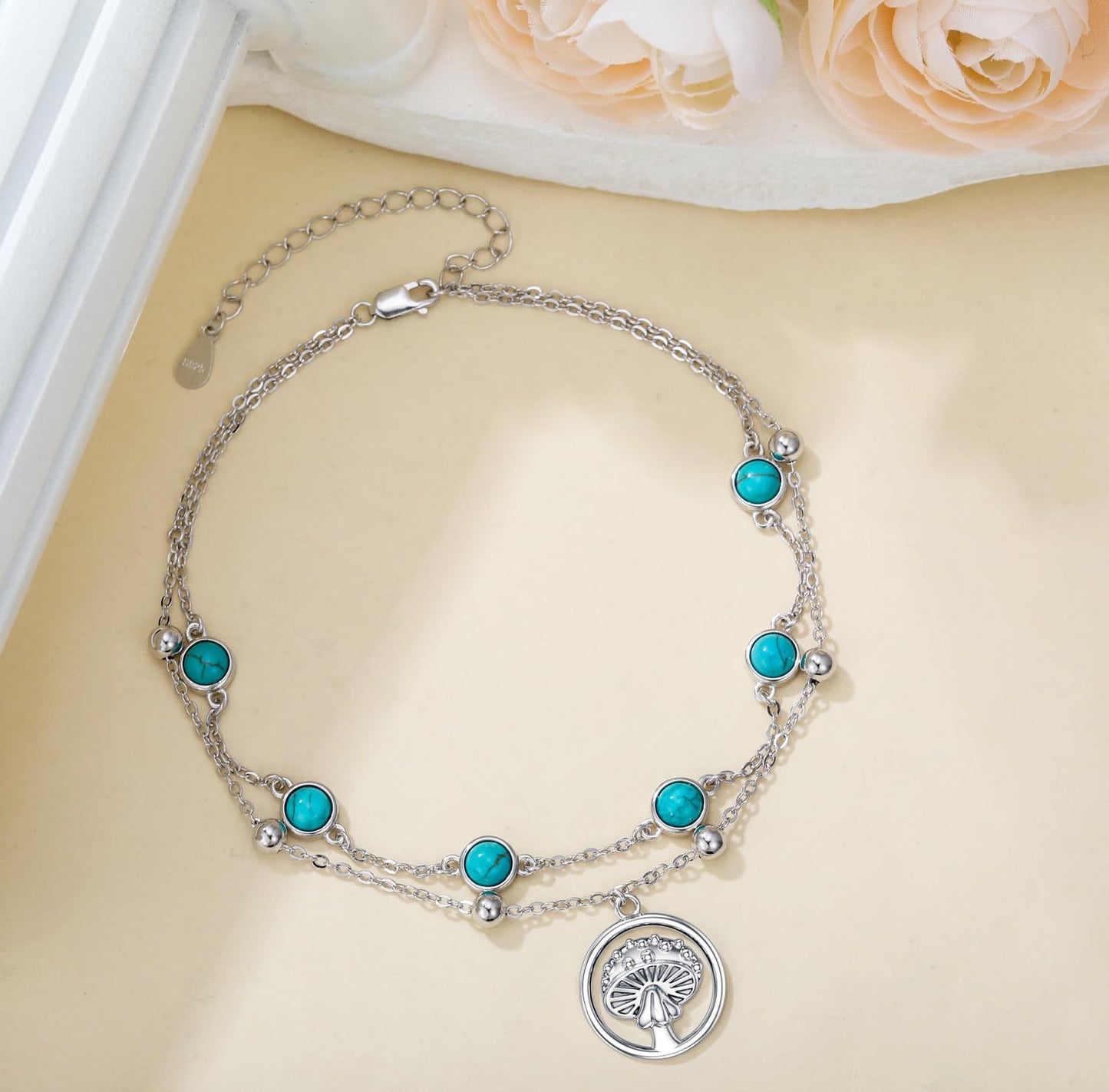Genuine Turquoise Anklet with mushroom, Sterling Silver Summer Beach Dainty Bohemia Nature Gemstone Jewelry for Women, 9+2''