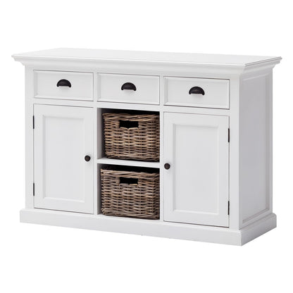 NovaSolo Halifax Pure White Mahogany Wood Sideboard Dining Buffet With Storage, 3 Drawers And 2 Rattan Baskets