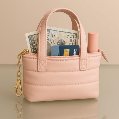 MyfavoriteK Mini Puffer Tote Bag Keychain Puffy Purse Keyring with Gold Heart Charm Cute Bag Charm Gift for Women Girls Teens Key Ring (Pink)