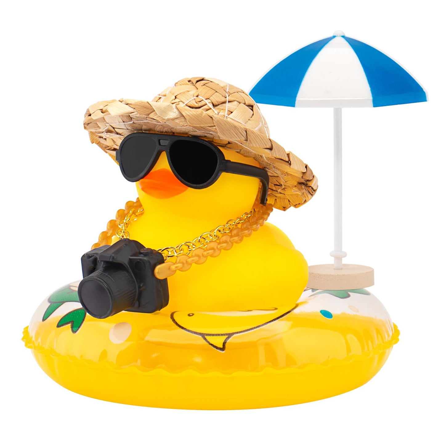 wonuu Car Rubber Ducks, Dashboard Decorations Swimming Duck for Car Ornament Accessories with Straw Hat, Glasses, Sunglasses, Sun Umbrella, Swim Ring, Mini Camera Dolphin Ring Yellow