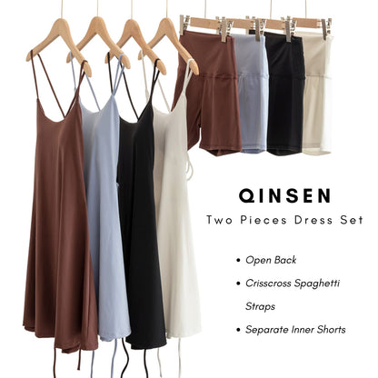 QINSEN Women Tennis Open Back Dress Lace-Up Two Pieces Workout Dress with Inner Shorts Largoon M
