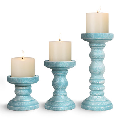 Candle Holder for Pillar Candle Set of 3, Ocean Themed Beach Decor Candle Holders, Coastal Farmhouse Nautical Rustic Decorations for Bathroom, Living Room, Dining Room and Office, Blue