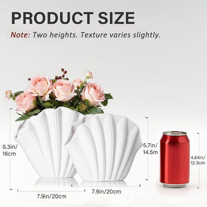 Seashell Vase Set of 2 - White Sea Shell Vase, Coastal Clam Shell Shaped Vases Decor for Table, Beach Ceramic Seashell Flower Vases Home Décor Accents for Pampas Grass, Ocean Aesthetic Room Decoration