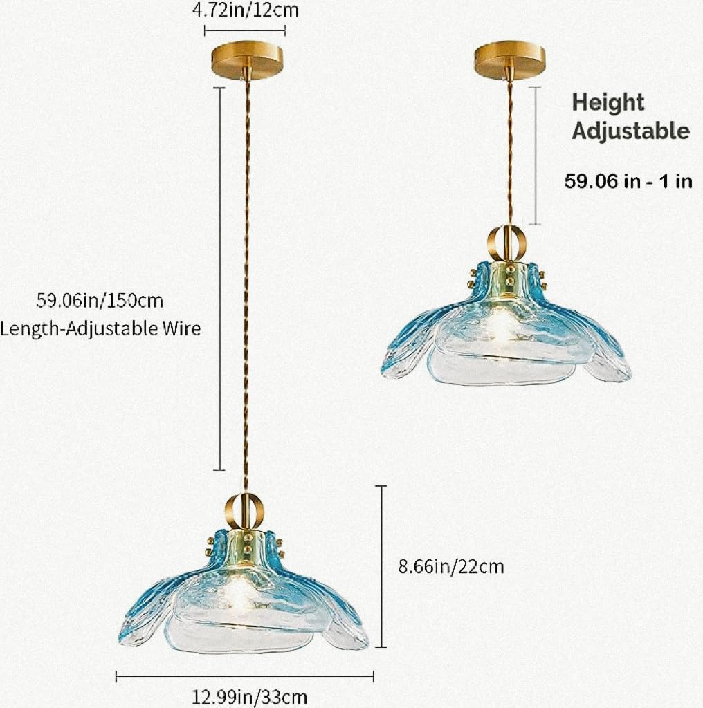 DLCL Pendant Light Fixtures 12.99" D, Glass Hanging Pendant Lights, Pendant Lighting for Kitchen Island Living Room Hallway Bedroom, 1-Light E26 Base, Blue