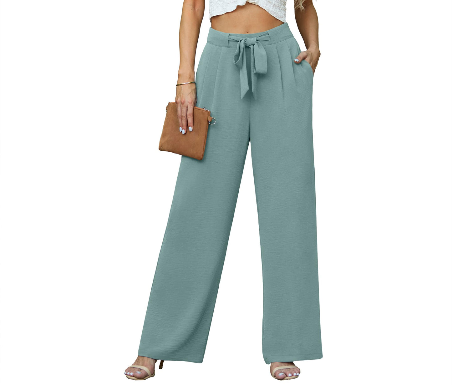 Lepunuo Flowy Pants High Waisted Wide Leg Pants Work Casual Palazzo Pants Tie Knot Lounge Trousers Pants with Pockets