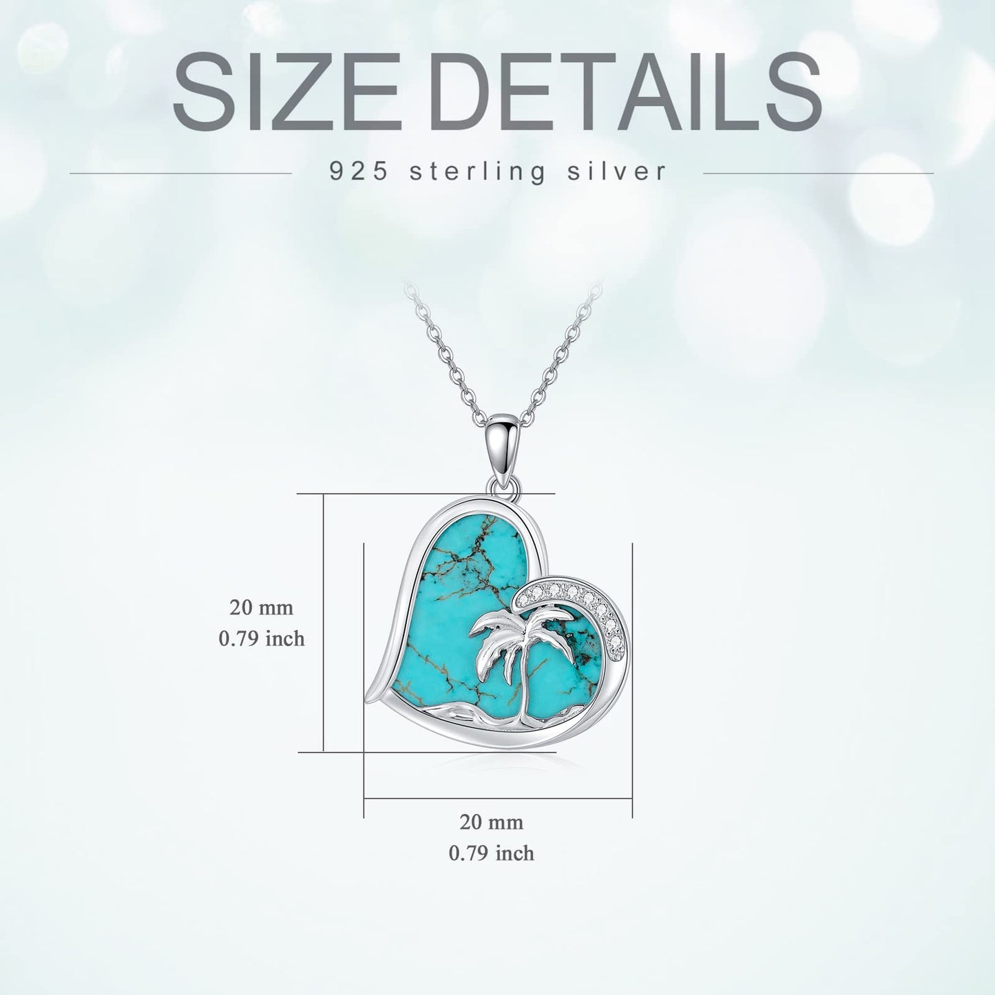 BETHZA Turquoise Palm Tree Necklace 925 Sterling Silver Natural Blue Turquoise Heart Pendant Summer Beach Necklace Genuine Gemstone Jewelry Gifts for Women