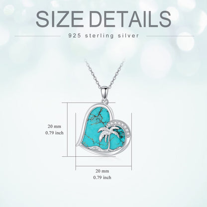 BETHZA Turquoise Palm Tree Necklace 925 Sterling Silver Natural Blue Turquoise Heart Pendant Summer Beach Necklace Genuine Gemstone Jewelry Gifts for Women