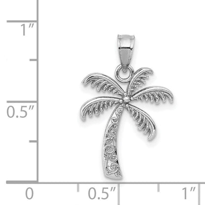 14k White Gold Palm Tree Pendant for Women with Scroll Detail, Tropical Beach Charm Necklace, Paradise Symbol Jewelry, Island Life Vacation Accessory, Coastal Nature Inspired Gold Pendant