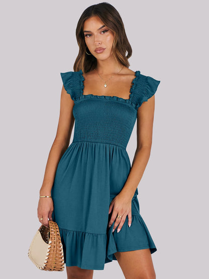 ANRABESS Women's Summer Casual Sleeveless Square Neck Dress 2026 Smocked Ruffle Backless Boho Beach Cute Teen Short Sundress Tile Blue X-Large