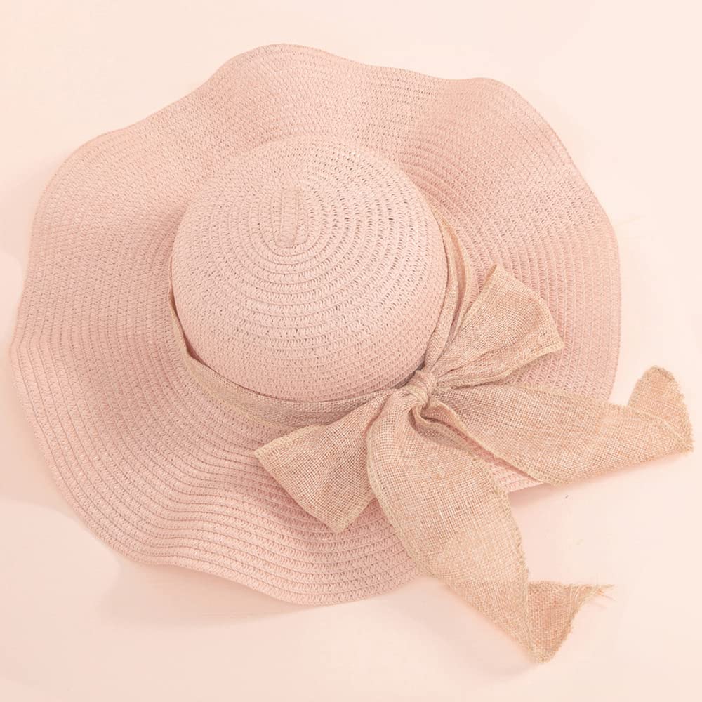 Women Floppy Sun Hat with Wide Brim, Foldable Roll-Up Straw Beach Hat Summer Hat for Travel (Pink)