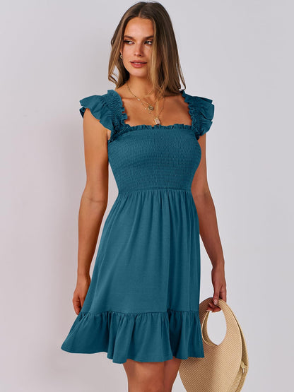 ANRABESS Women's Summer Casual Sleeveless Square Neck Dress 2026 Smocked Ruffle Backless Boho Beach Cute Teen Short Sundress Tile Blue X-Large