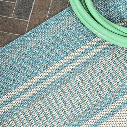 JONATHAN Y Double Stripe Indoor Outdoor Area Rug 5X8 Aqua/Beige, Haynes Modern for Backyard, Patio, Porch, Easy-Cleaning, High Traffic, Pet-Friendly, Non-Shedding (SMB202A-5)