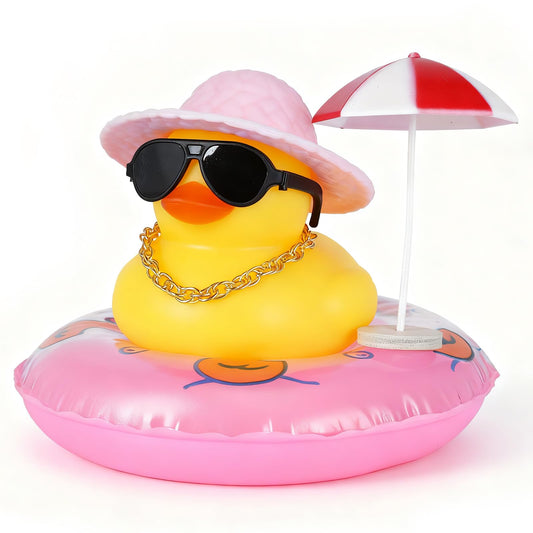 Rubber Duck Car Decorations with Pink Sun Hat, Umbrella & Sunglasses, Funny Dashboard Accessories for Cars, DIY Cute Duck Ornaments with Squeak Sound