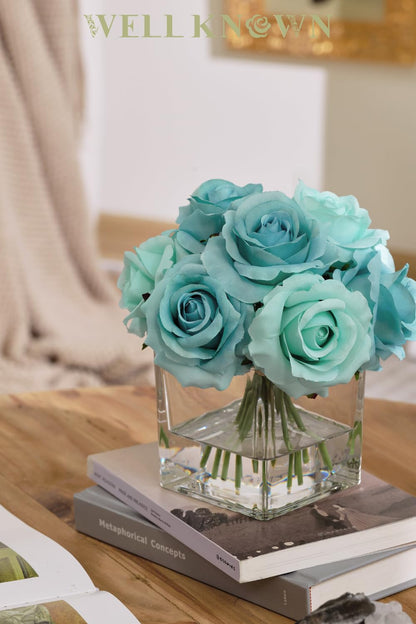 WELL KNOWN Rose Artificial Flowers in Vase with Faux Water, Silk Rose Table Centerpieces for Home Coffee Table Decor, Fake Roses Flower Arrangements for Office Hotel Lavatory Decor (Light Teal Blue)