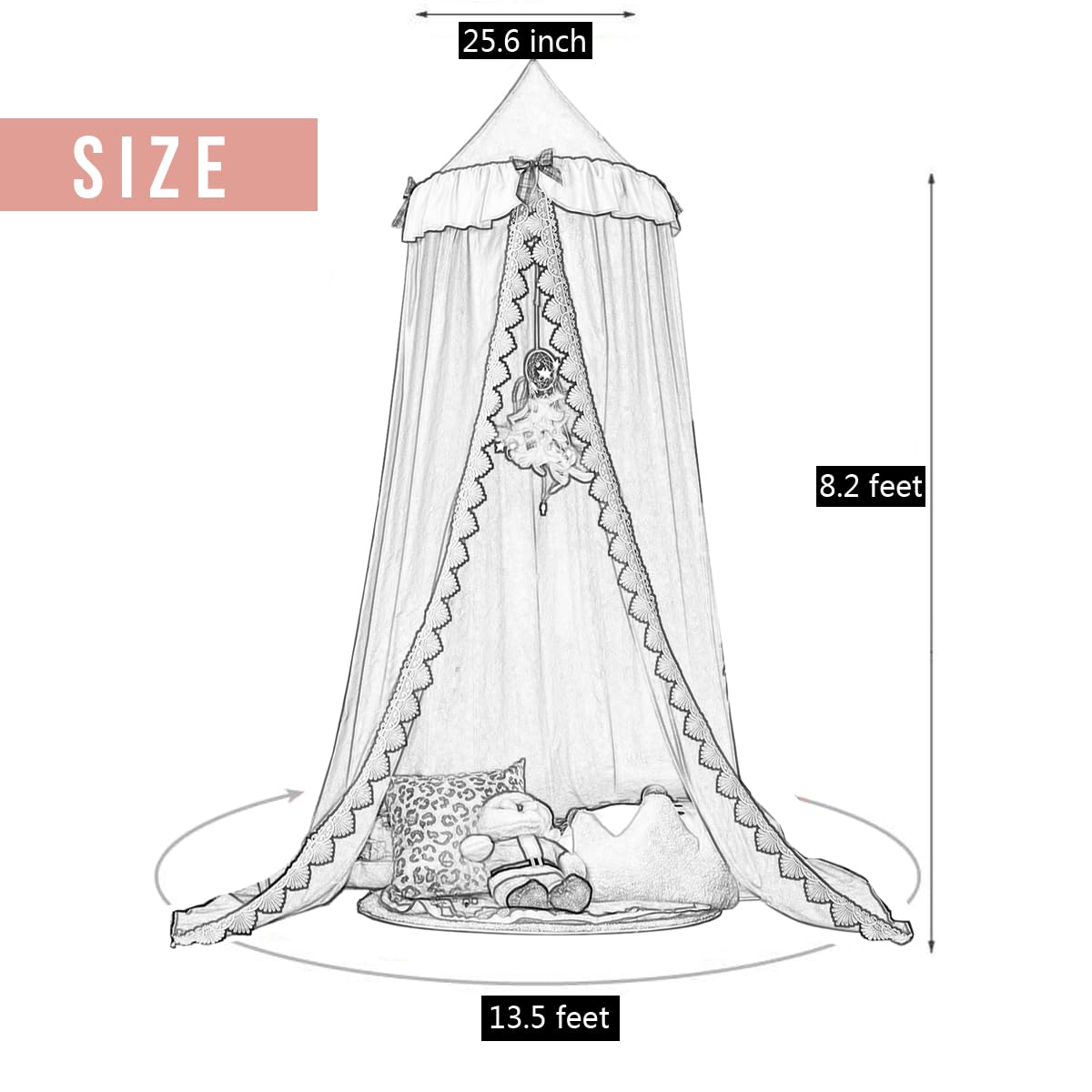 Kertnic Bed Canopy for Girls, Ruffled Soft Pink Princess Canopy Dreamy Bow Decor, Bed Canopies for Kids Room, Hanging Canopy Bedding Drapes Toddler Reading Nook Play Tent (Pink)