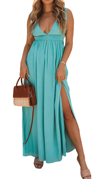 R.Vivimos Boho Dress for Women Sexy Deep V Neck Sleeveless Hollow Out Backless Casual Side Slit Maxi Dress (Small, Turquoise)