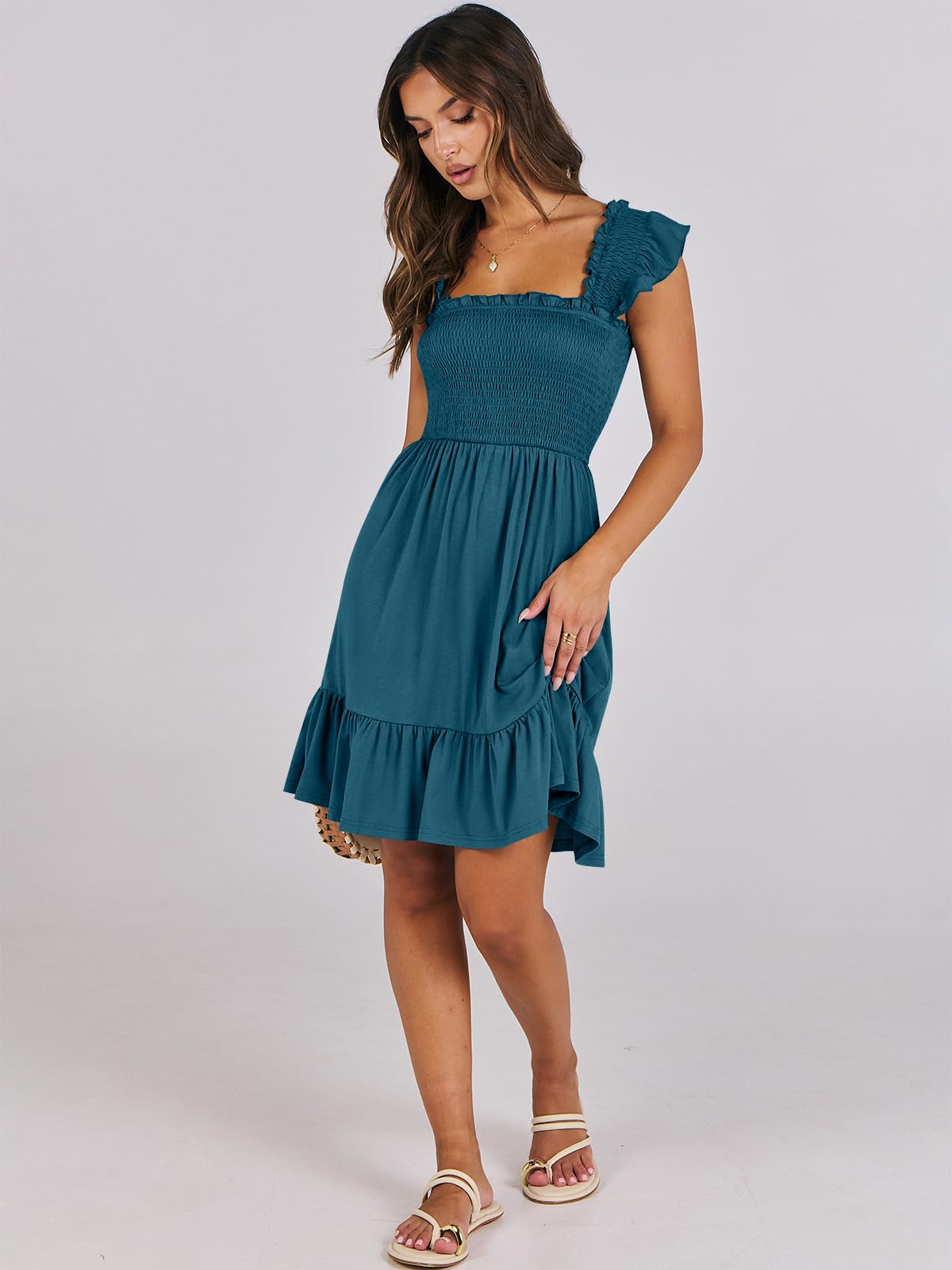ANRABESS Women's Summer Casual Sleeveless Square Neck Dress 2026 Smocked Ruffle Backless Boho Beach Cute Teen Short Sundress Tile Blue X-Large