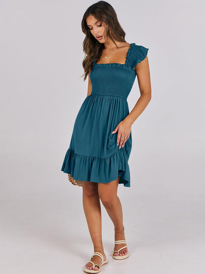 ANRABESS Women's Summer Casual Sleeveless Square Neck Dress 2026 Smocked Ruffle Backless Boho Beach Cute Teen Short Sundress Tile Blue X-Large