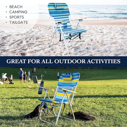 CARIBBEAN JOE Folding Beach Sand Chair, 4 Position Recline, High Seat, Portable Backpack Carry Straps, Foldable, Camping, Headrest, Cup Holder, and Wooden Armrests, 300 lb Capacity, Teal