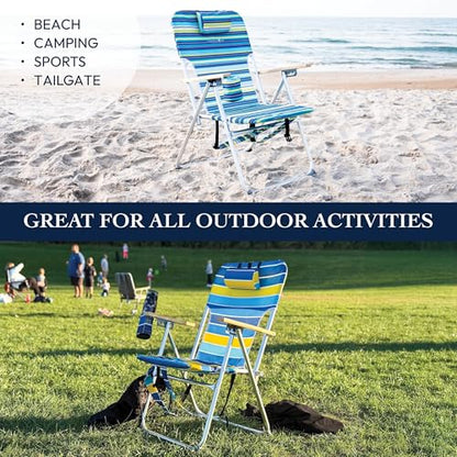 CARIBBEAN JOE Folding Beach Sand Chair, 4 Position Recline, High Seat, Portable Backpack Carry Straps, Foldable, Camping, Headrest, Cup Holder, and Wooden Armrests, 300 lb Capacity, Teal