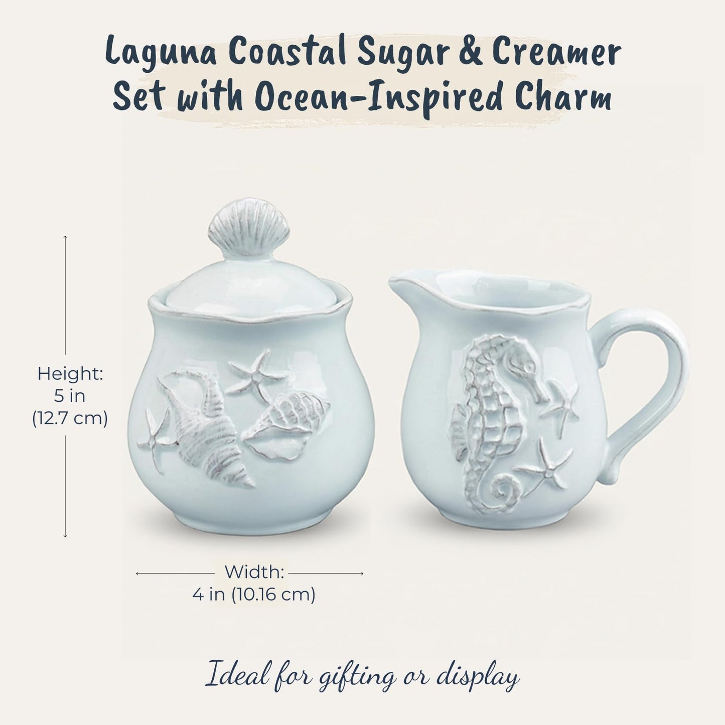 Blue Sky Clayworks Laguna Coastal Sugar & Creamer Set, Ceramic, Sugar Bowl 4" x 4" x 5"; Creamer 5" x 3.5" x 4", Seashell & Seahorse Charm