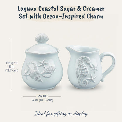 Blue Sky Clayworks Laguna Coastal Sugar & Creamer Set, Ceramic, Sugar Bowl 4" x 4" x 5"; Creamer 5" x 3.5" x 4", Seashell & Seahorse Charm