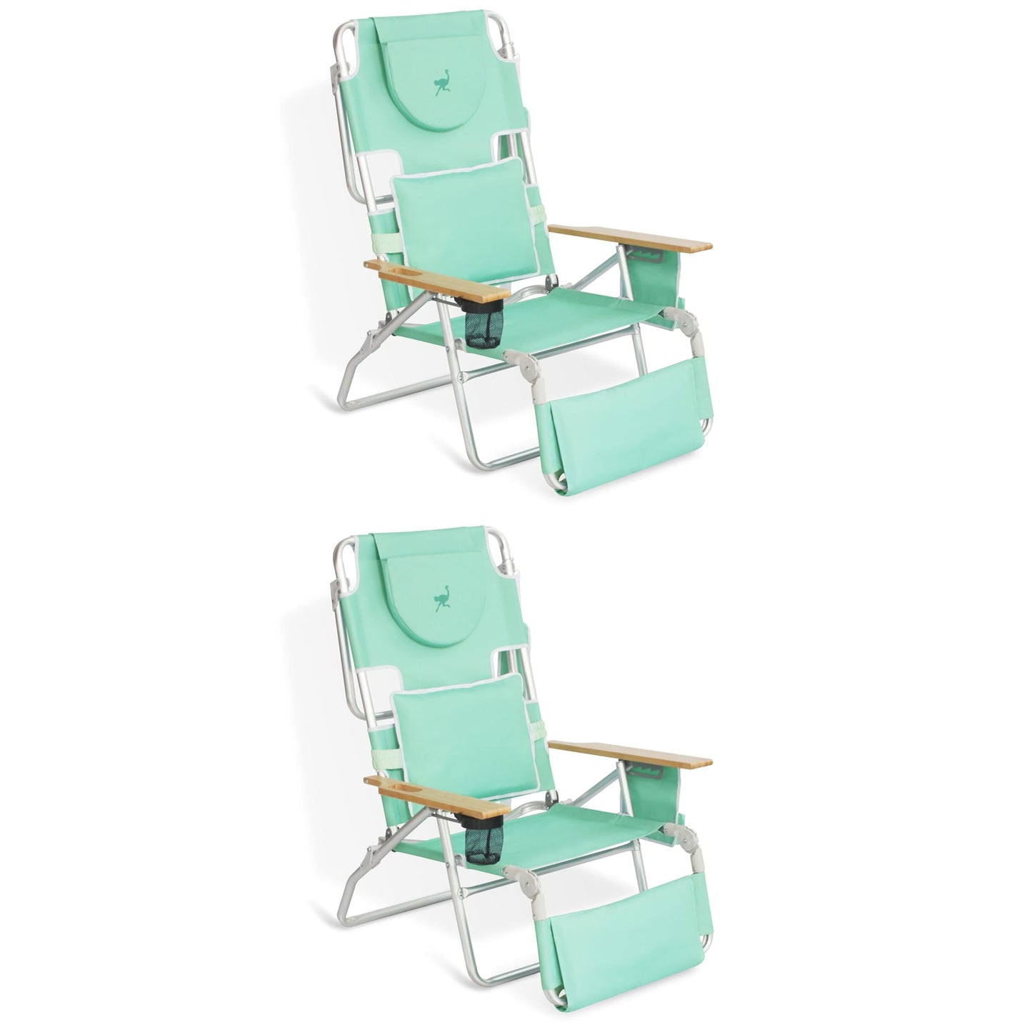 Ostrich Deluxe Padded 3-N-1 Lightweight Portable Adjustable Outdoor Folding Chair for Lawn Beach Lake Camping Lounge with Footrest, Teal (2 Pack)