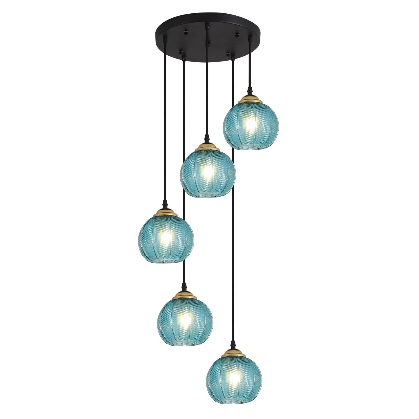 KCO Lighting Modern Blue Glass Chandelier Globe Cluster Pendant Light Black and Gold Kitchen Pendant Lighting Nordic Ribbed Glass Pendant Light Large Round Chandelier