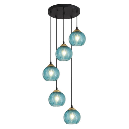 KCO Lighting Modern Blue Glass Chandelier Globe Cluster Pendant Light Black and Gold Kitchen Pendant Lighting Nordic Ribbed Glass Pendant Light Large Round Chandelier