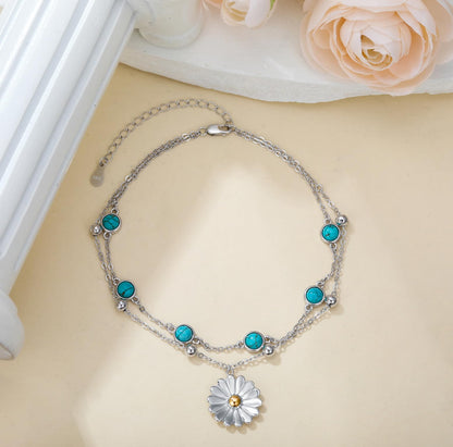 Genuine Turquoise Anklet with Daisy, Sterling Silver Summer Beach Dainty Bohemia Nature Gemstone Jewelry for Women, 9+2''