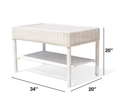 Krikacy Park Meadow Outdoor Wicker Coffee Table 34 Inch HDPE Rattan Patio Furniture with Double Shelves & Grey HIPS Top, Off White