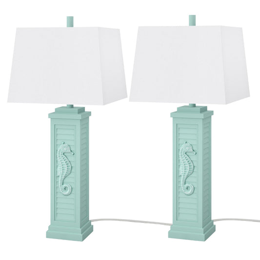 Lux Lighting Sea Horse Shutter 32” Teal Blue/Green Coastal Lamp with USB Charging Port (Set of 2) 3-Way Switch